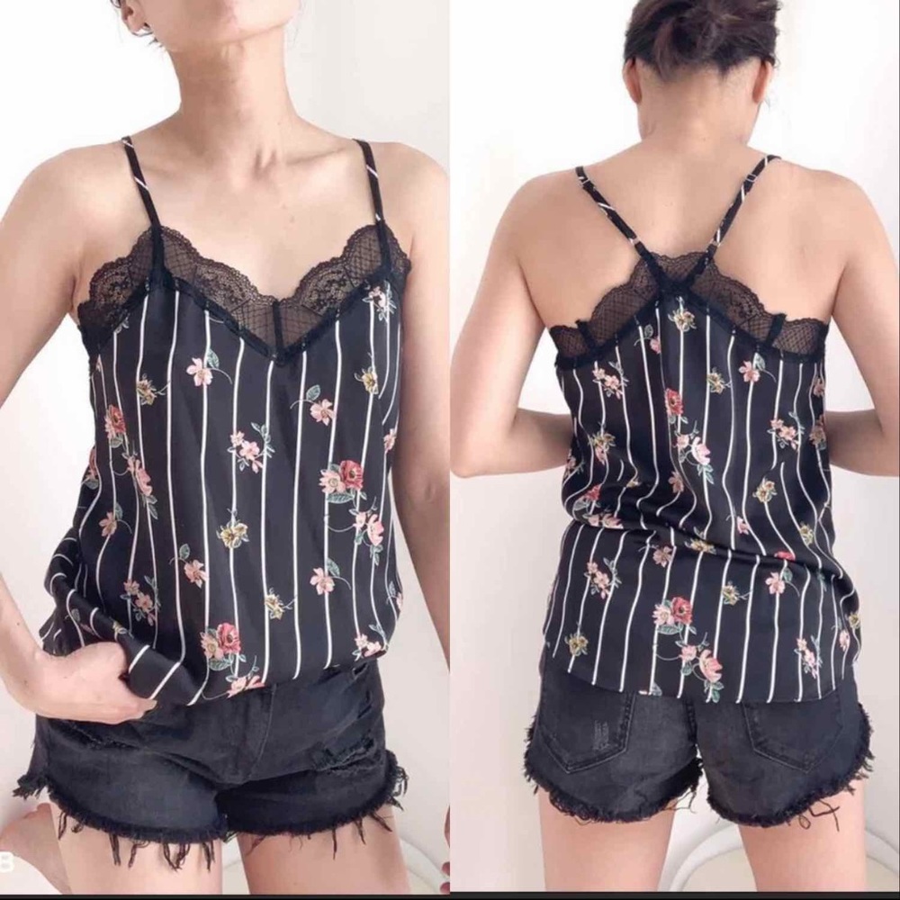 BLACK SCALLOP LACE CAMI - PINSTRIPE FLOARAL - Picture 2 of 7